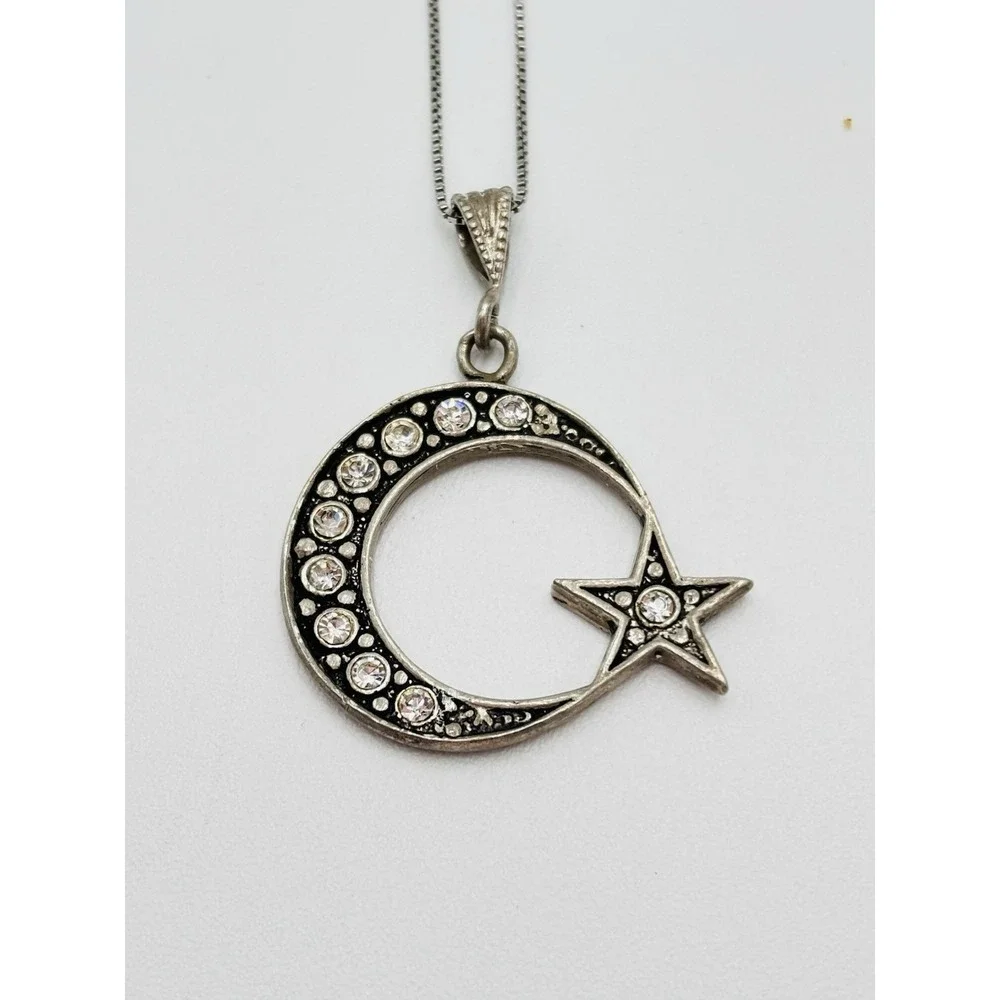 925 Sterling Silver Moon Star CZ Pendant Necklace + Layered Charm Chain‎ Set